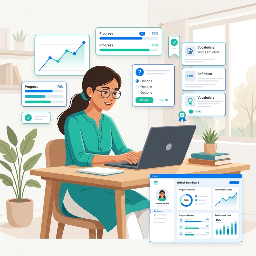 Student studying on ExamTerm platform with dashboard preview